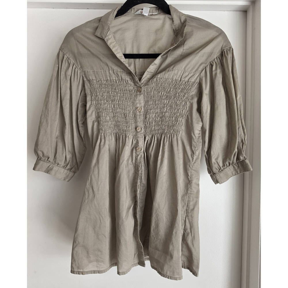 KUHLE Blouse Women M Tan Collared 3/4 Sleeve Cotton Boho Top Shirt Tunic